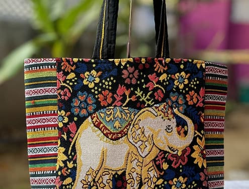 *Antique Rajasthani bag*  *Beautiful elephant print and kadi work canvas fabric single partition zip closure