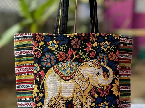 *Antique Rajasthani bag* *Beautiful elephant print and kadi work canvas fabric single partition zip closure