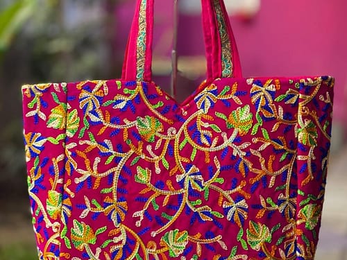 *Antique Rajasthani bag* Beautiful kadi work canvas fabric single partition zip closure